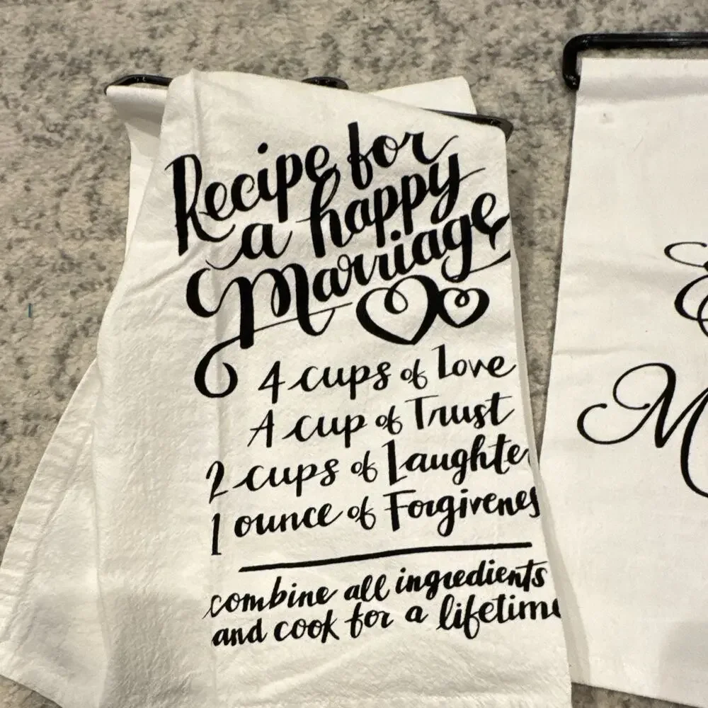 Set of 2 Cotton White Kitchen Tea Towels Wedding Sayings Black Print